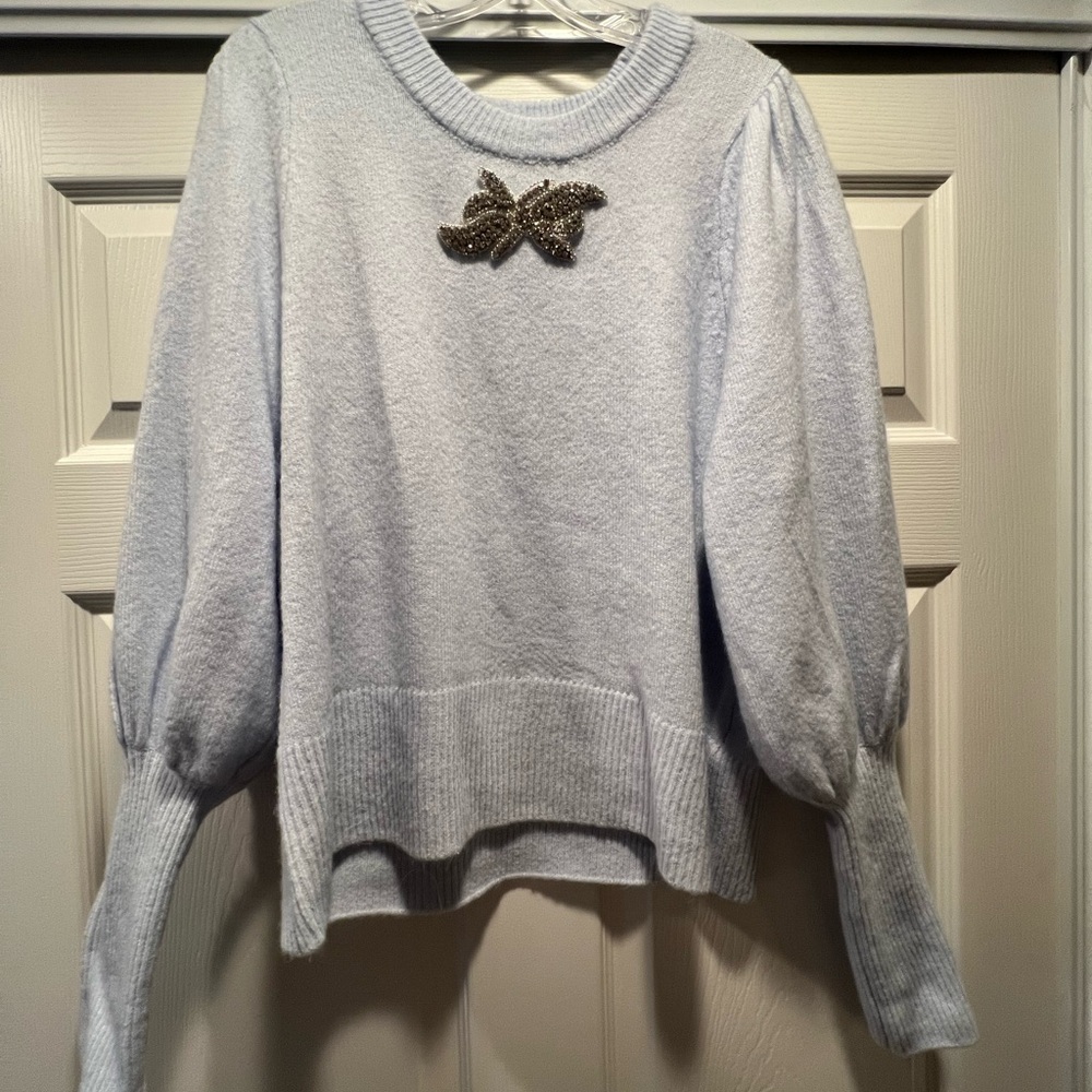 Women’s cute light blue crop sweater rhinestone embellishment size M